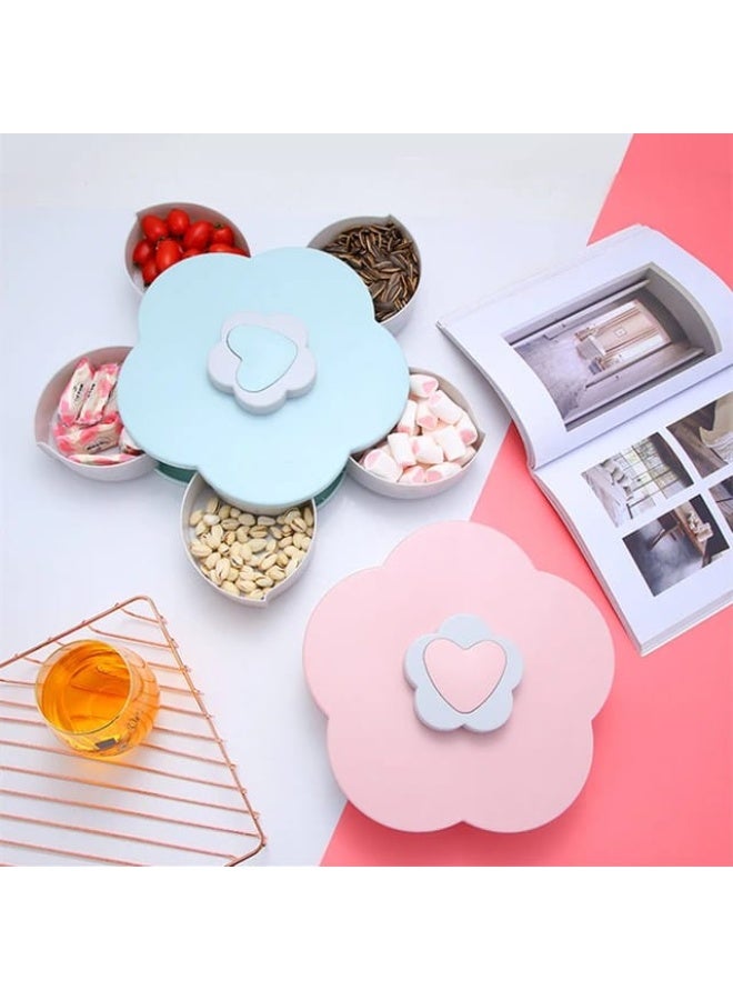 علبة تسالي دوّارة بتصميم زهرة – طبق مزدوج من 5 أقسام للمكسرات والحلوى مع حامل هاتف، منظم فواكه دوّار للمنزل والمكتب والحفلات - Image 2